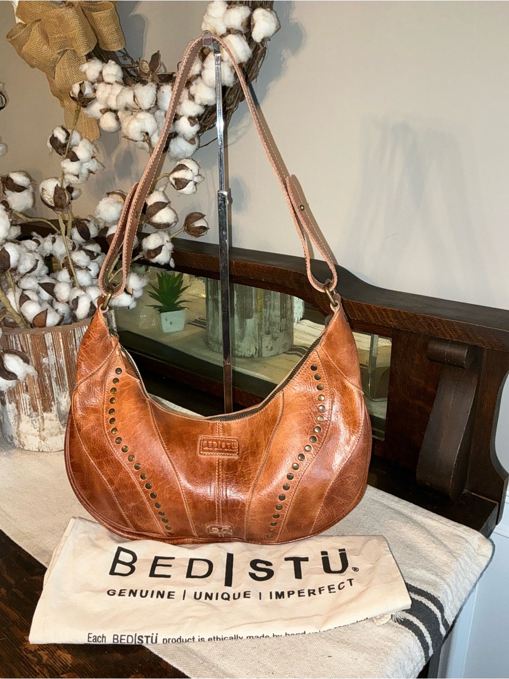 NWOT Bed Stu Leather Studded Megara Shoulder Bag Hobo Tan DD MSRP $279